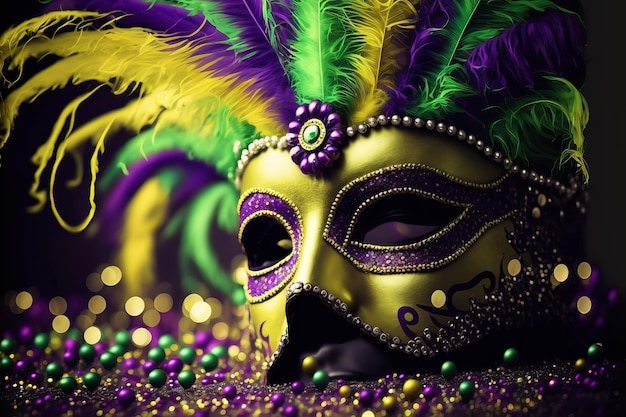 Maschera mardi gras scintillante viola e verde oro su sfondo bokeh brillante Illustrazione dell'IA generativa