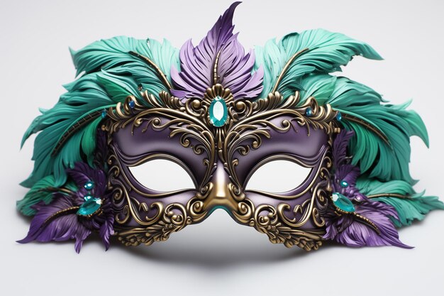 Maschera Mardi Gras viola e verde con piume su uno sfondo bianco isolato