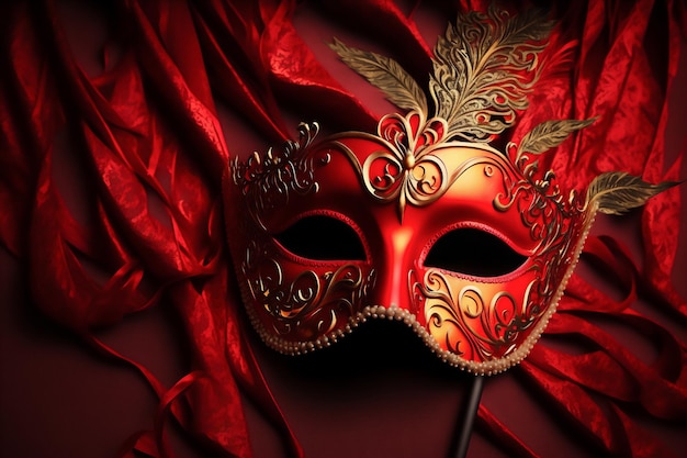 Maschera per gli occhi di carnevale Maschera rossa per il festival piume d'oro sfondo di velluto