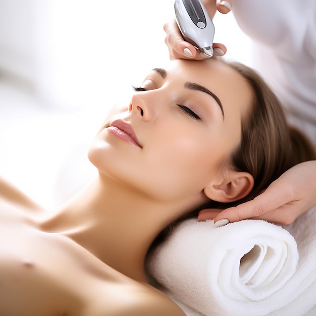 Maschera per peeling del viso, trattamento di bellezza spa, cura della pelle, donna che si fa cura del viso da un estetista alla spa