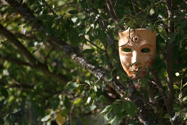 Maschera realistica beige di papiermache con il simbolo del sole sulla fronte che appende nei rami verdi dell&#39;albero