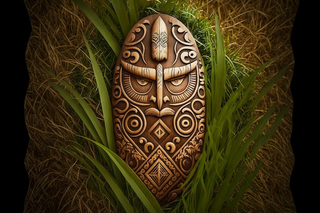 Maschera tiki di idoli e totem hawaiani in legno nascosta nei cespugli della foresta