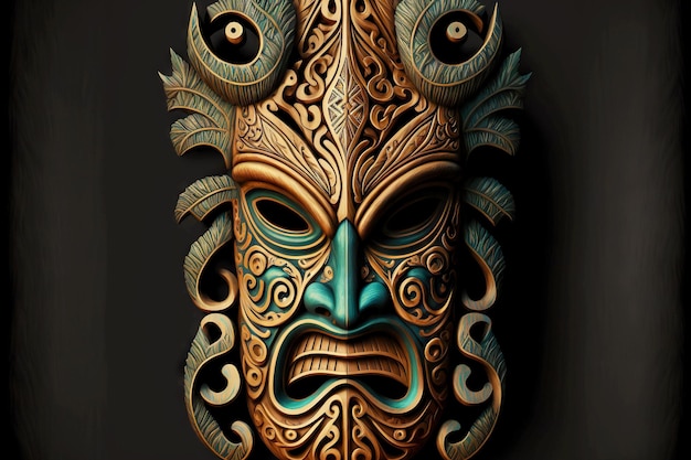 Maschera tiki in legno faccia di dio furioso su sfondo nero