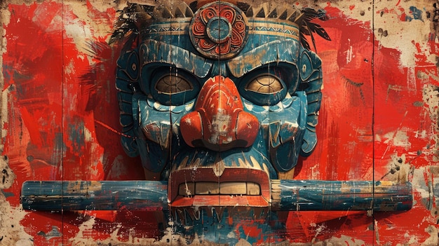 Maschera Tiki su uno sfondo rosso tessuto Arte e cultura polinesiana tradizionale