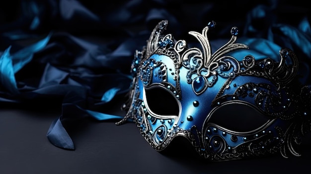 Maschera tradizionale veneziana di carnevale e seta blu su sfondo scuro