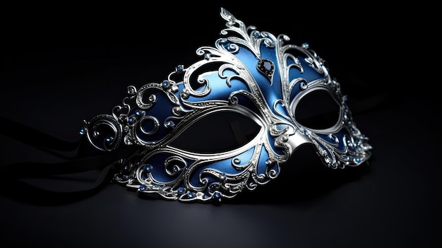 Maschera tradizionale veneziana di carnevale e seta blu su sfondo scuro