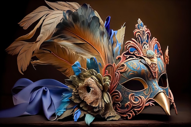 Maschera veneziana con piume primo piano IA generativa