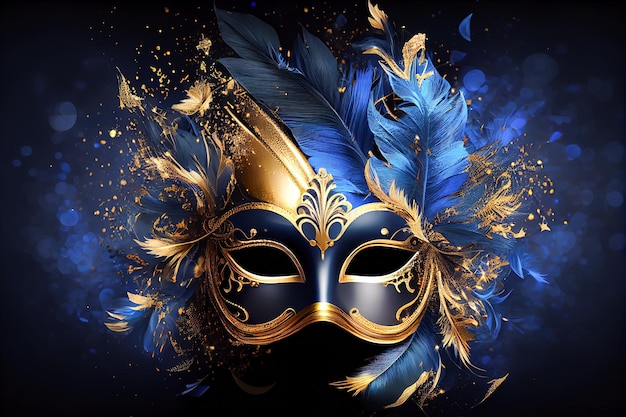 Maschera veneziana dorata con piume blu IA generativa IA generativa