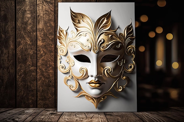 Maschera veneziana dorata e bianca su sfondo di legno duro con spazio per la copia