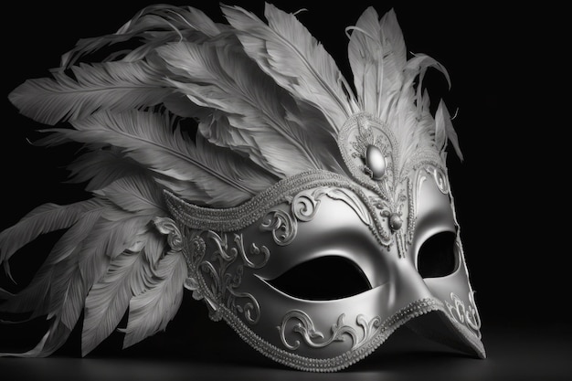 Maschera veneziana piumata bianca e argento su sfondo nero