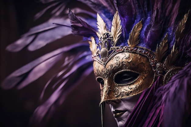 maschera viola con elementi in oro e bellissime piume colorate con design per il carnevale brasiliano