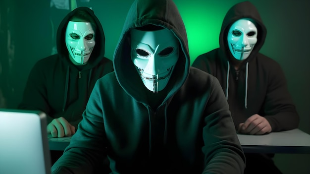 Maschere anonime in una stanza buia con luci verdi