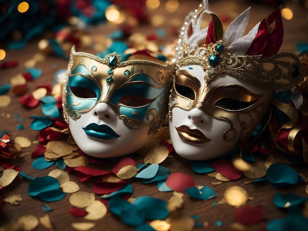 maschere di carnevale sullo sfondo del carnevale celebrazione di purim mardi gras mascherata e confetti