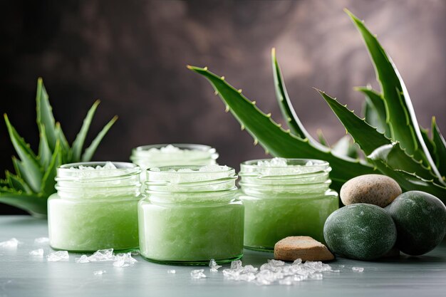 Maschere facciali naturali con aloe e sale marino per la cura della pelle con piante verdi fresche e area vuota per te