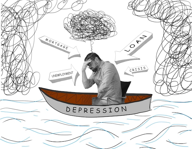 Maschio adulto caucasico depresso con gli occhiali seduto da solo in una barca e pensando ai suoi problemi Concetto di crisi e depressione Collage artistico