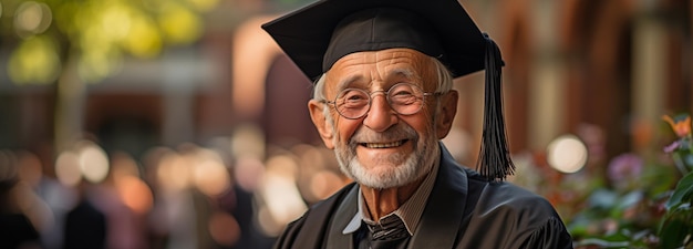 maschio anziano sorridente con diploma in berretto e abito xA