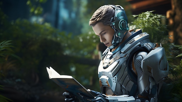maschio arafed in un abito futuristico che legge un libro in una foresta AI generativa