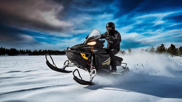 Maschio che guida una motoslitta in un grande campo innevato