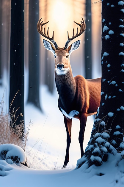 Maschio di cervo nobile nella foresta nevosa invernale Arte digitale