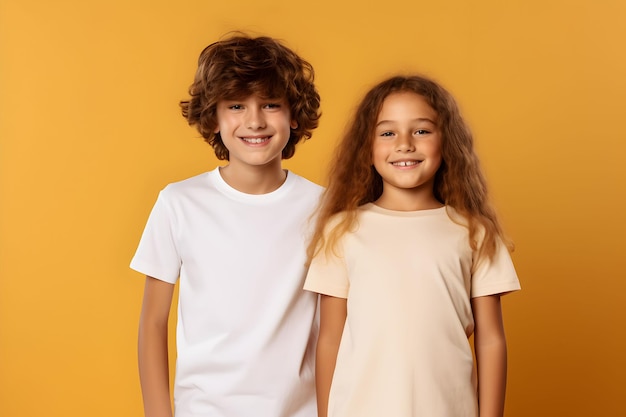 Maschio e femmina bambino ragazzo e ragazza fratelli che indossano bella tela camicia bianca mockup su sfondo giallo Design tshirt modello stampa presentazione mockup AI generato