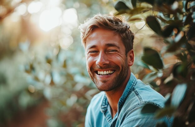 maschio felice che sorride in una camicia blu all'aperto mentre fa una festa