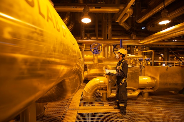 Maschio per essere ispezione visiva del lavoratore all'interno delle centrali elettriche della conduttura del serbatoio della valvola della sala di controllo