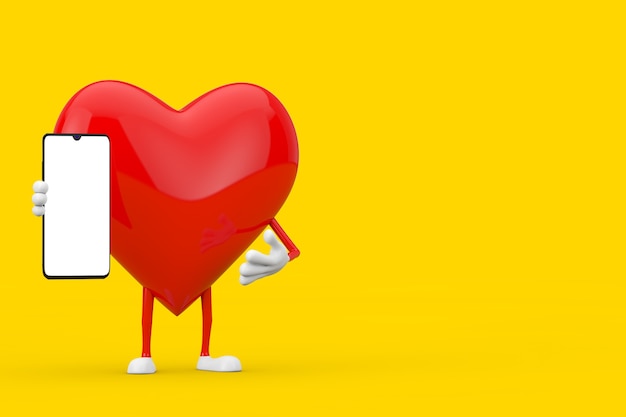 Mascotte del carattere del cuore rosso e telefono cellulare moderno con lo schermo in bianco per la vostra progettazione su un fondo giallo. Rendering 3D