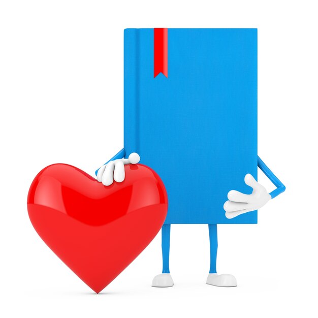 Mascotte del carattere del libro blu con cuore rosso su una priorità bassa bianca. Rendering 3D