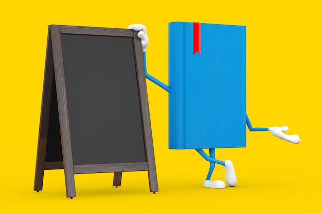 Mascotte del carattere del libro blu con l'esposizione all'aperto delle lavagne di legno in bianco del menu su un fondo giallo. Rendering 3D