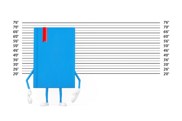 Mascotte del carattere del libro blu davanti all'allineamento della polizia o al primo piano estremo del fondo della foto segnaletica. Rendering 3D