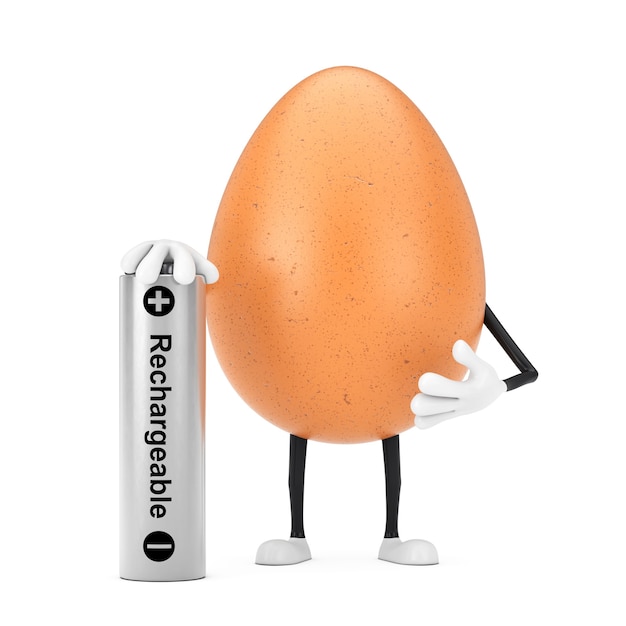 Mascotte del carattere della persona dell'uovo del pollo di Brown con la batteria ricaricabile su un fondo bianco. Rendering 3D