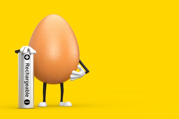 Mascotte del carattere della persona dell'uovo del pollo di Brown con la batteria ricaricabile su un fondo giallo. Rendering 3D