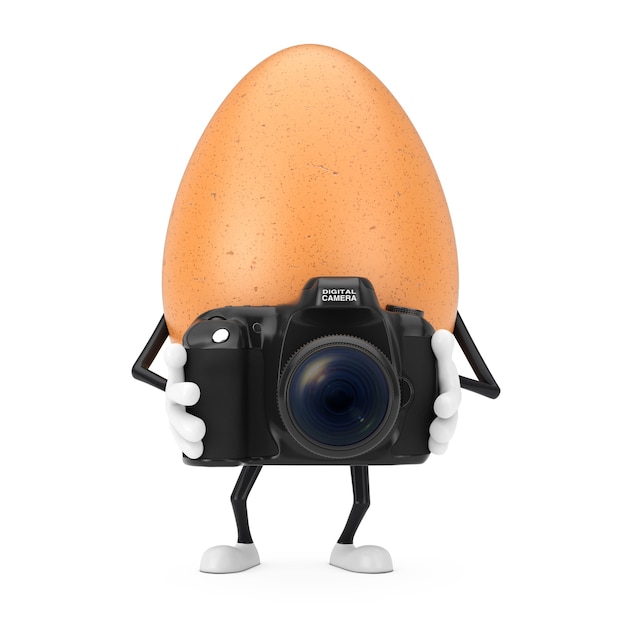 Mascotte del carattere della persona dell'uovo del pollo di Brown con la macchina fotografica moderna della foto di Digital su un fondo bianco. Rendering 3D