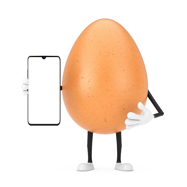 Mascotte del carattere della persona dell'uovo del pollo di Brown e telefono cellulare moderno con lo schermo in bianco per la vostra progettazione su un fondo bianco. Rendering 3D