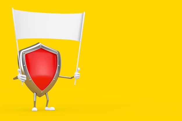 Mascotte del carattere dello scudo di protezione del metallo rosso e striscione bianco vuoto vuoto con spazio libero per il tuo design su uno sfondo giallo. Rendering 3D