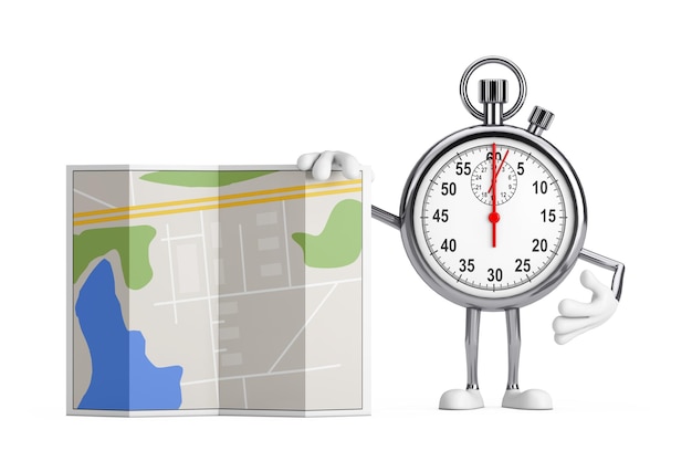 Mascotte del personaggio dei cartoni animati del cronometro moderno con rendering 3d della mappa del piano della città astratta