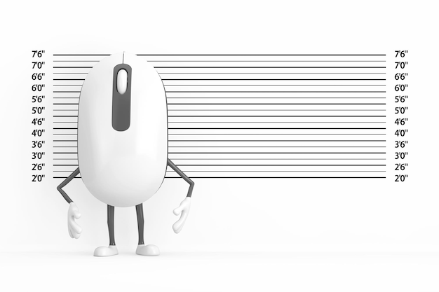 Mascotte del personaggio dei cartoni animati del mouse del computer davanti alla formazione della polizia o al rendering 3d dello sfondo Mugshot