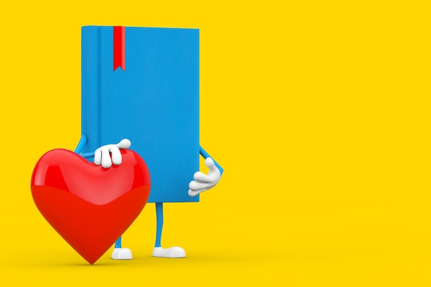 Mascotte del personaggio del libro blu con cuore rosso su sfondo giallo. Rendering 3D