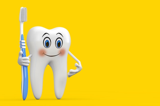 Mascotte del personaggio della persona del dente bianco con un semplice spazzolino da denti in plastica su sfondo giallo Rendering 3d