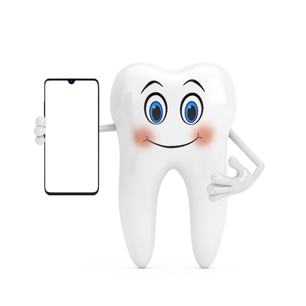 Mascotte personaggio dente bianco e telefono cellulare moderno con schermo vuoto per il tuo design su sfondo bianco Rendering 3d
