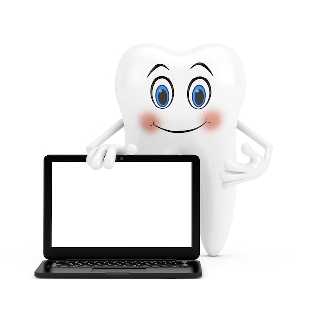 Mascotte personaggio persona dente bianco con computer portatile moderno Notebook e schermo vuoto per il tuo design su sfondo bianco Rendering 3d