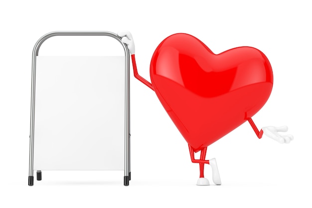 Mascotte rossa del carattere del cuore con il supporto in bianco bianco di promozione di pubblicità su un fondo bianco. Rendering 3D