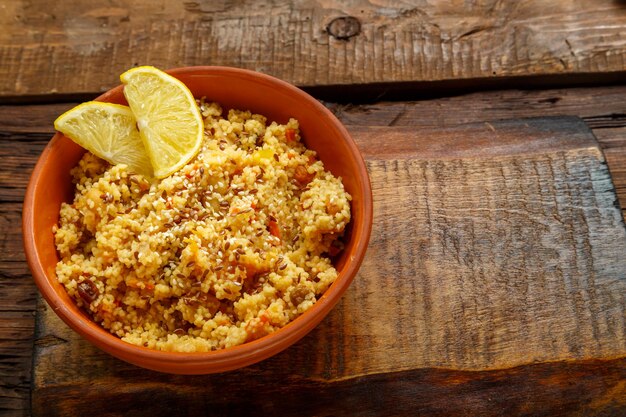 Masfouf di couscous con frutta secca e noci in un piatto di argilla su una tavola di legno sul tavolo