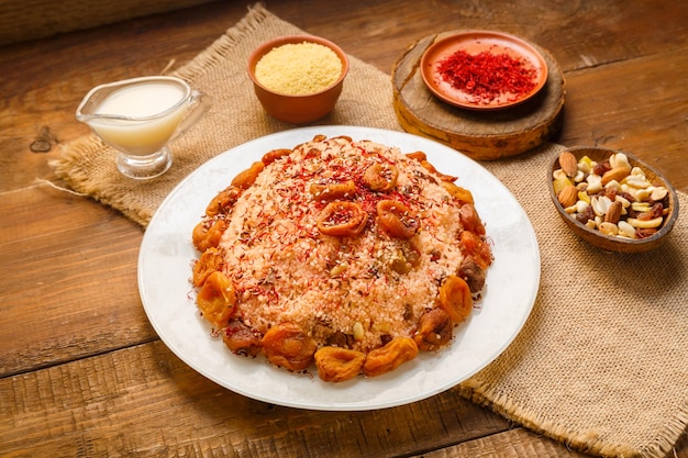 Masfouf di couscous con latte di mandorla in un piatto su un tavolo di legno accanto alle noci di zafferano su un lino