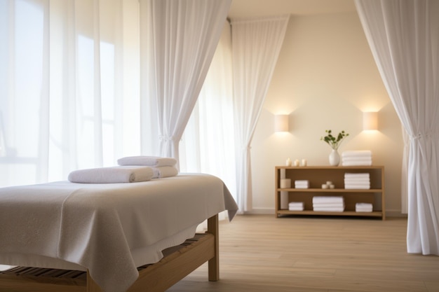 massaggio serenità, design elegante della spa, illuminazione contemporanea, ammorbidita da tende trasparenti e scorrevoli