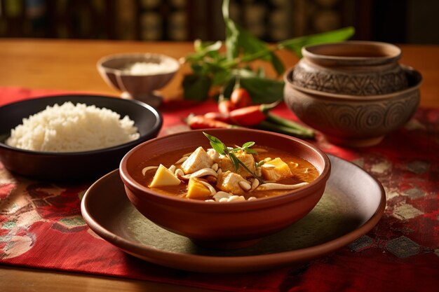 Massaman curry in una ciotola rustica con spezie, carne e patate in una cucina tradizionale thailandese