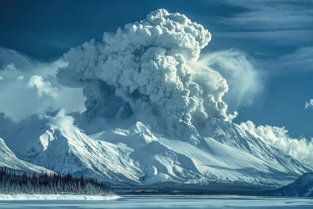 massiccia eruzione vulcanica in una regione artica innevata molto oltre un lago o una baia marina