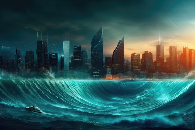 Massiccia onda oceanica che si avvicina allo skyline della città IA generativa