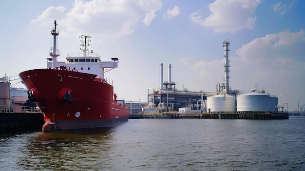 Massiva nave da carico rossa ormeggiata vicino a serbatoi di petrolio e gas