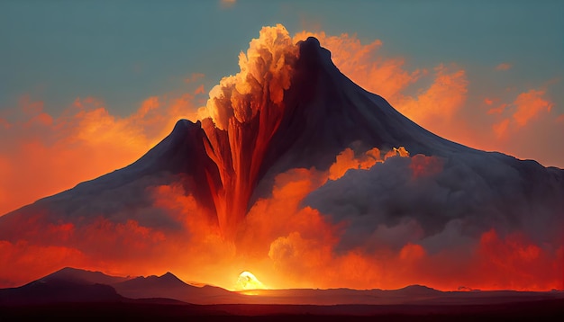 Massive Volcano Eruption Un grande vulcano che erutta lava calda e gas nell'atmosfera 3D Illustra